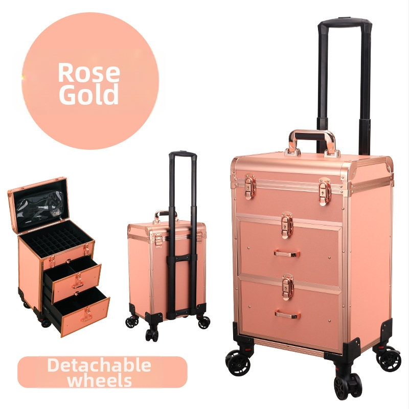 Makiažo meistrės vežimėlis su kosmetikos dėžute — medinė konstrukcija, lėktuvo tipo ratukai, užrakinimas, išplėstinis skirsnis, namų saugojimui