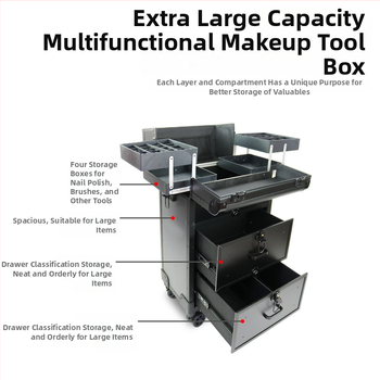 Nešiojama kelioninė makiažo dėžutė su ratais, skirta tatuiravimui ir manikiūrui, daugiapakopė konstrukcija, PU odos paviršius, metalinis rėmas, universalūs ratai, užrakinama