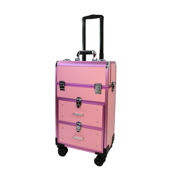 Nešiojama kelioninė makiažo dėžutė su ratais, skirta tatuiravimui ir manikiūrui, daugiapakopė konstrukcija, PU odos paviršius, metalinis rėmas, universalūs ratai, užrakinama