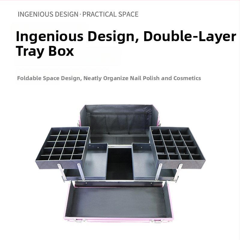 Nešiojama kelioninė makiažo dėžutė su ratais, skirta tatuiravimui ir manikiūrui, daugiapakopė konstrukcija, PU odos paviršius, metalinis rėmas, universalūs ratai, užrakinama