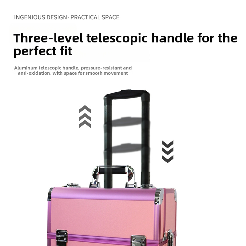 Nešiojama kelioninė makiažo dėžutė su ratais, skirta tatuiravimui ir manikiūrui, daugiapakopė konstrukcija, PU odos paviršius, metalinis rėmas, universalūs ratai, užrakinama