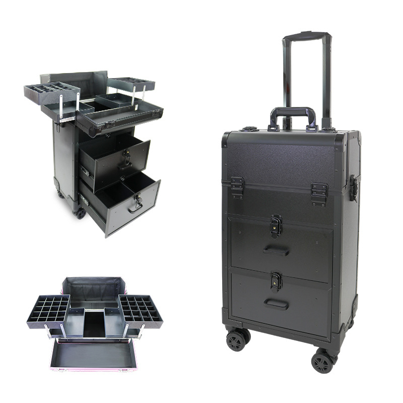 Nešiojama kelioninė makiažo dėžutė su ratais, skirta tatuiravimui ir manikiūrui, daugiapakopė konstrukcija, PU odos paviršius, metalinis rėmas, universalūs ratai, užrakinama