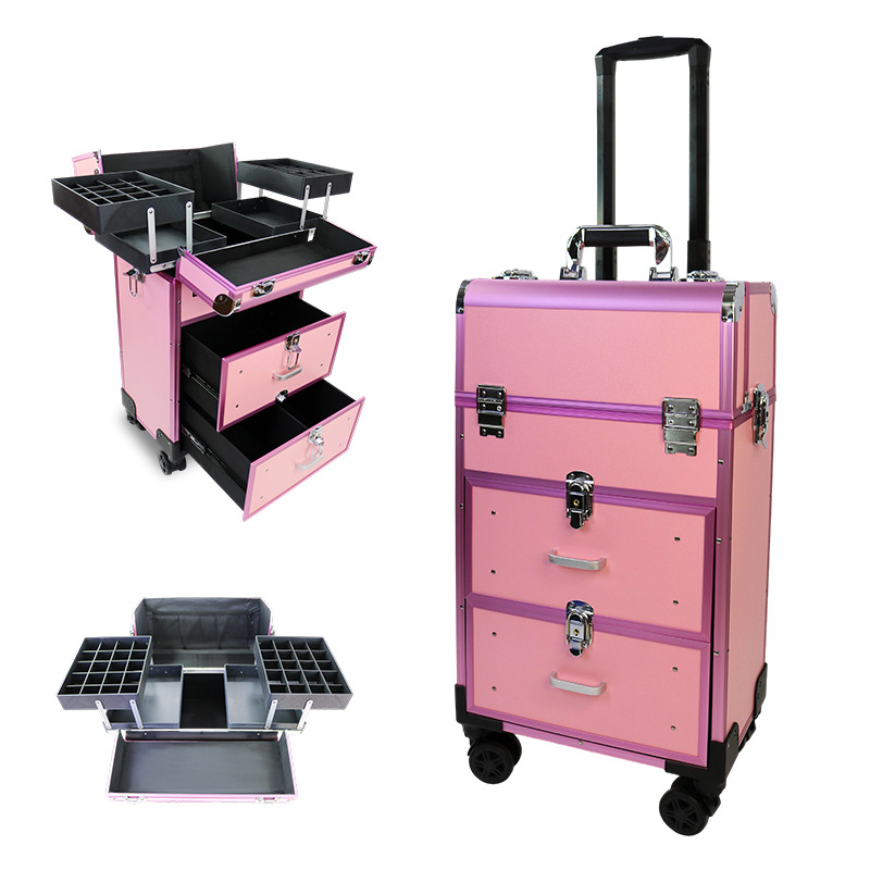 Nešiojama kelioninė makiažo dėžutė su ratais, skirta tatuiravimui ir manikiūrui, daugiapakopė konstrukcija, PU odos paviršius, metalinis rėmas, universalūs ratai, užrakinama