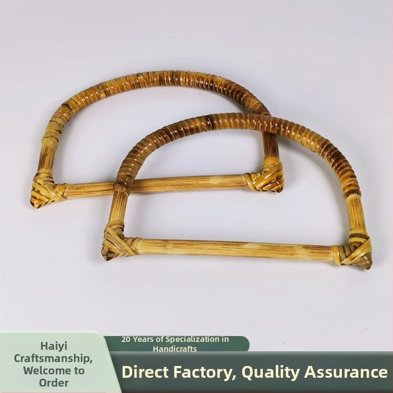 D alakú fogantyú rattan-bambusz anyagból, természetes bambusz gyűrűvel – fonott DIY táska kiegészítő