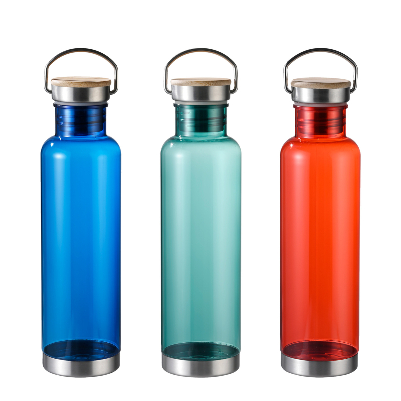 Тританова термосбутилка с бамбукова капачка, голямо гърло и дръжка; стоманен капак, тегло 160 g