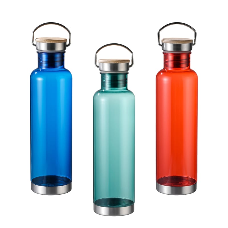 Тританова термосбутилка с бамбукова капачка, голямо гърло и дръжка; стоманен капак, тегло 160 g