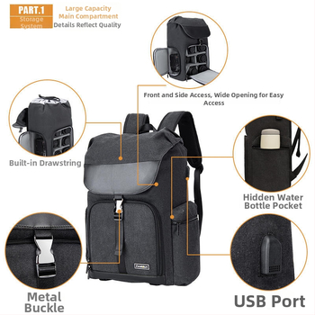 Vászon SLR fényképezőgép táska két rekesz, USB interfész, vízálló, lopás elleni, görbült vállpánt