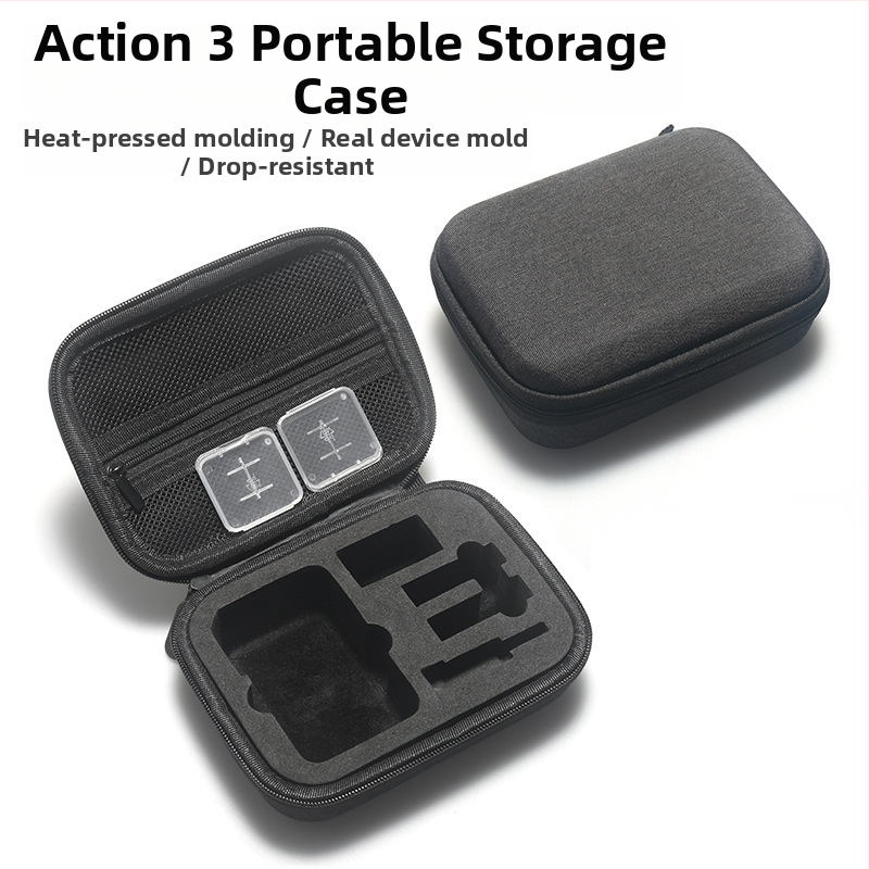 Action-kamera keményfedelű táska EVA+Canvas külsővel | univerzális illeszkedés, szürke fleece belső, súly 129,4 g, tartalmaz tároló táskát és 2 memória-kártya tároló dobozt