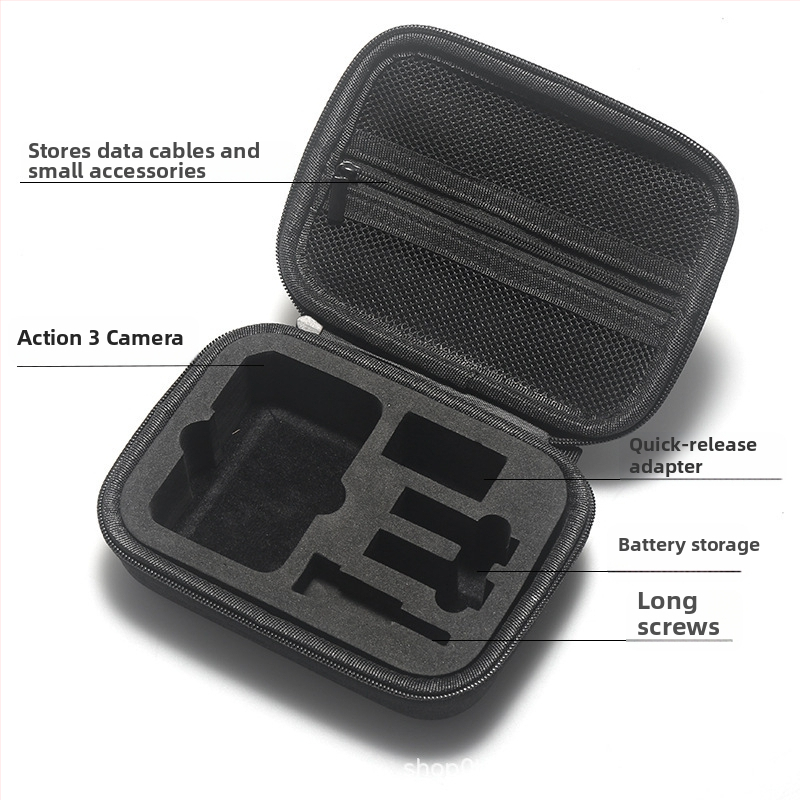 Action-kamera keményfedelű táska EVA+Canvas külsővel | univerzális illeszkedés, szürke fleece belső, súly 129,4 g, tartalmaz tároló táskát és 2 memória-kártya tároló dobozt