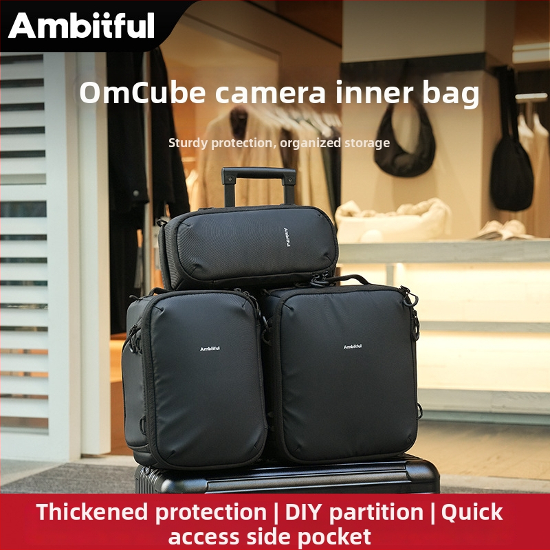 Geantă internă Om Cube pentru cameră cu curea crossbody – 5.5 L, material 420D, compatibilă cu 1 aparat + 2 obiective, 0.448 kg, căptușeală EVA cu protecție la șocuri