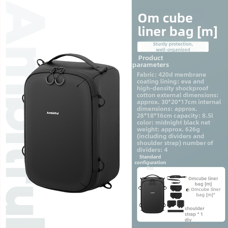 Geantă internă Om Cube pentru cameră cu curea crossbody – 5.5 L, material 420D, compatibilă cu 1 aparat + 2 obiective, 0.448 kg, căptușeală EVA cu protecție la șocuri