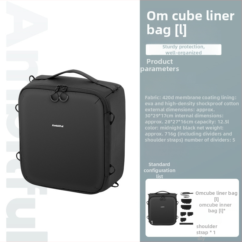 Geantă internă Om Cube pentru cameră cu curea crossbody – 5.5 L, material 420D, compatibilă cu 1 aparat + 2 obiective, 0.448 kg, căptușeală EVA cu protecție la șocuri