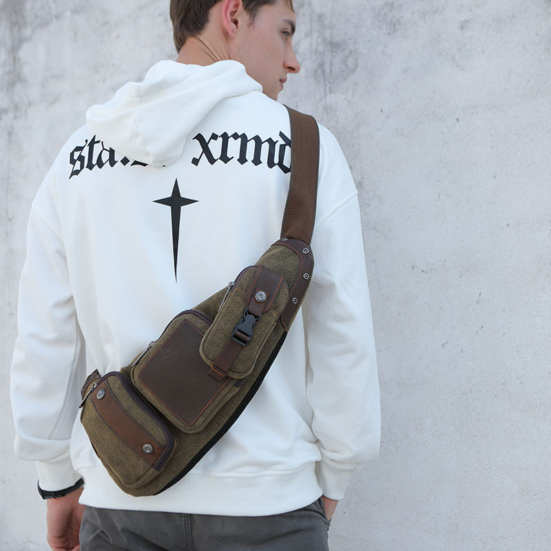Muška crossbody torba od platna, u obliku polumjeseca, izdržljiva, velika kapaciteta, zatvara se zatvaračem i ima više džepova (zip džep, džep za ID, džep za kameru)