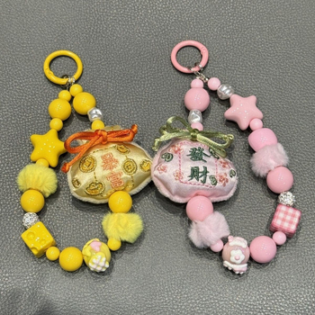 Charm pentru telefon din corduroy pluș, cu mărgele, șnur pentru rucsac și cameră