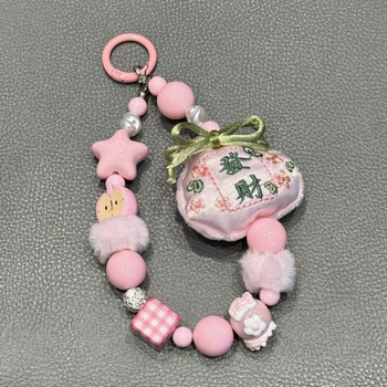 Charm pentru telefon din corduroy pluș, cu mărgele, șnur pentru rucsac și cameră