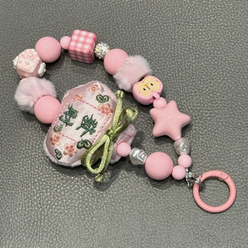 Charm pentru telefon din corduroy pluș, cu mărgele, șnur pentru rucsac și cameră