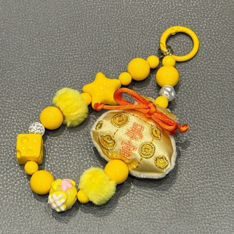 Charm pentru telefon din corduroy pluș, cu mărgele, șnur pentru rucsac și cameră