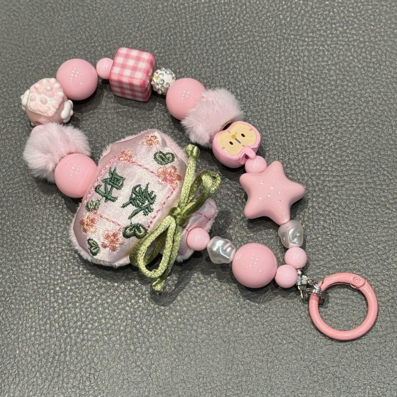 Charm pentru telefon din corduroy pluș, cu mărgele, șnur pentru rucsac și cameră