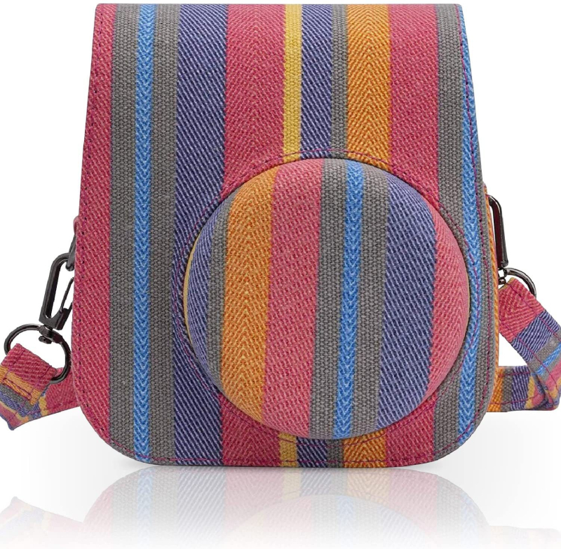 Torba za kameru s prugastim uzorkom, PU koža, crossbody dizajn, kompatibilna s mini11, poliester podstava