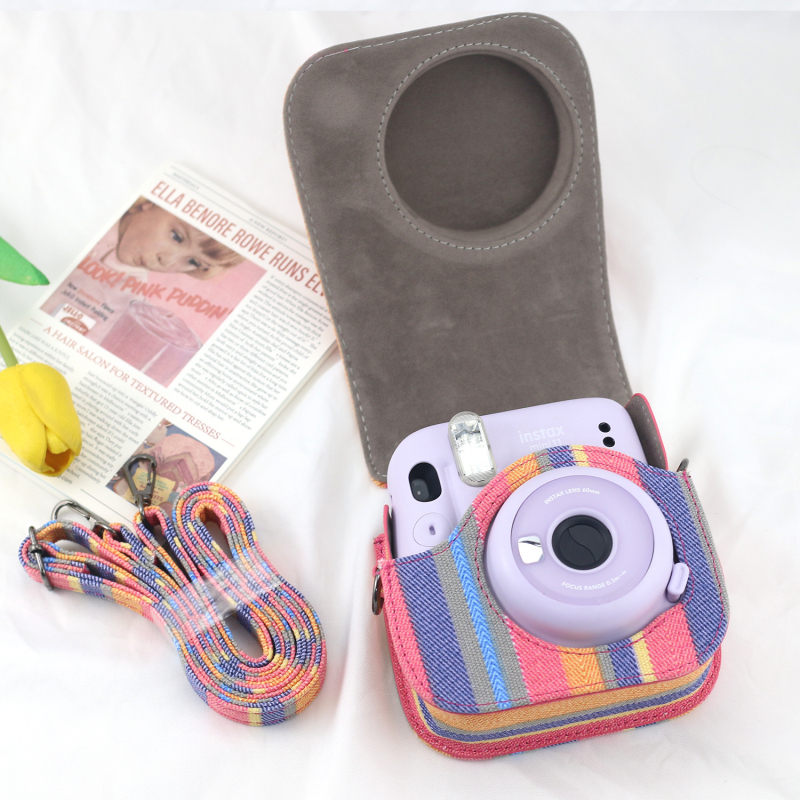 Torba za kameru s prugastim uzorkom, PU koža, crossbody dizajn, kompatibilna s mini11, poliester podstava