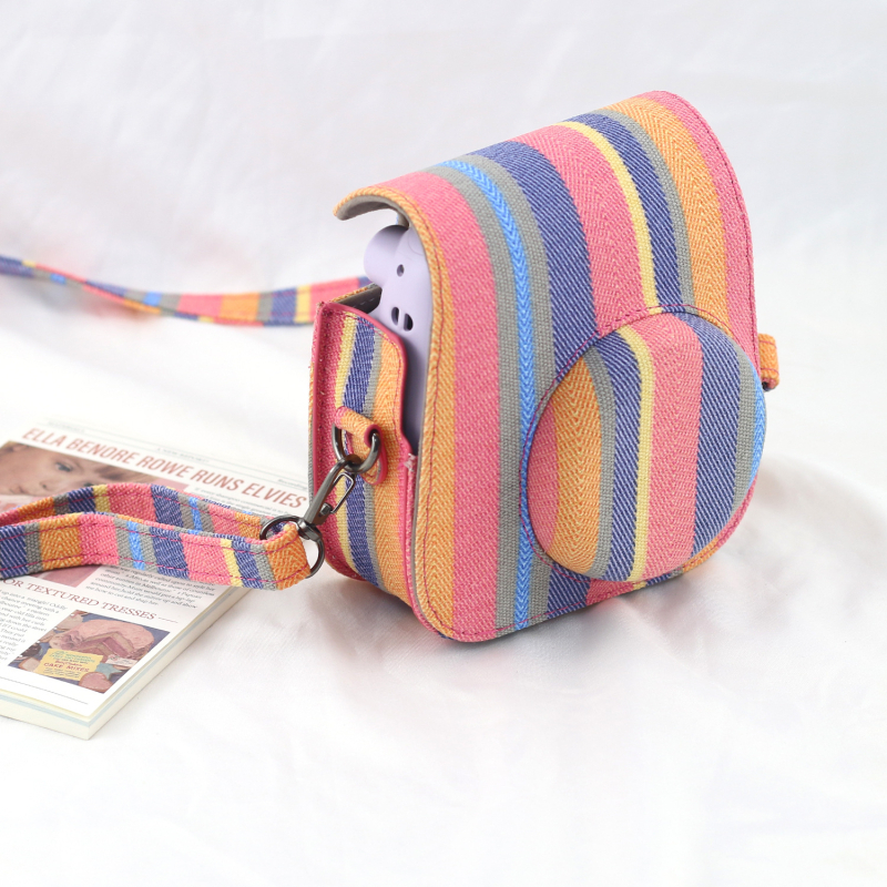 Torba za kameru s prugastim uzorkom, PU koža, crossbody dizajn, kompatibilna s mini11, poliester podstava