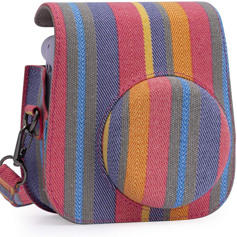 Torba za kameru s prugastim uzorkom, PU koža, crossbody dizajn, kompatibilna s mini11, poliester podstava