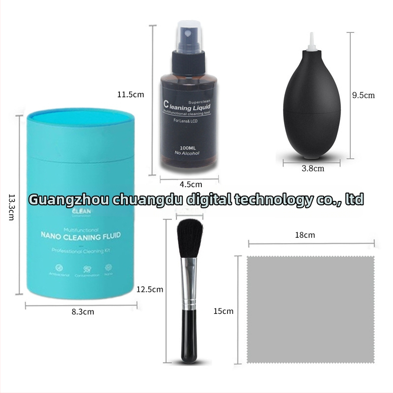 Chuangdu cd-1122 Tīrīšanas komplekts klaviatūrai, viedtelefonam un digitālajai kamerai — sastāvā tīrīšanas līdzeklis, lupatiņa, suka un gaisa pūtējs; Izlaiduma gads: 2020