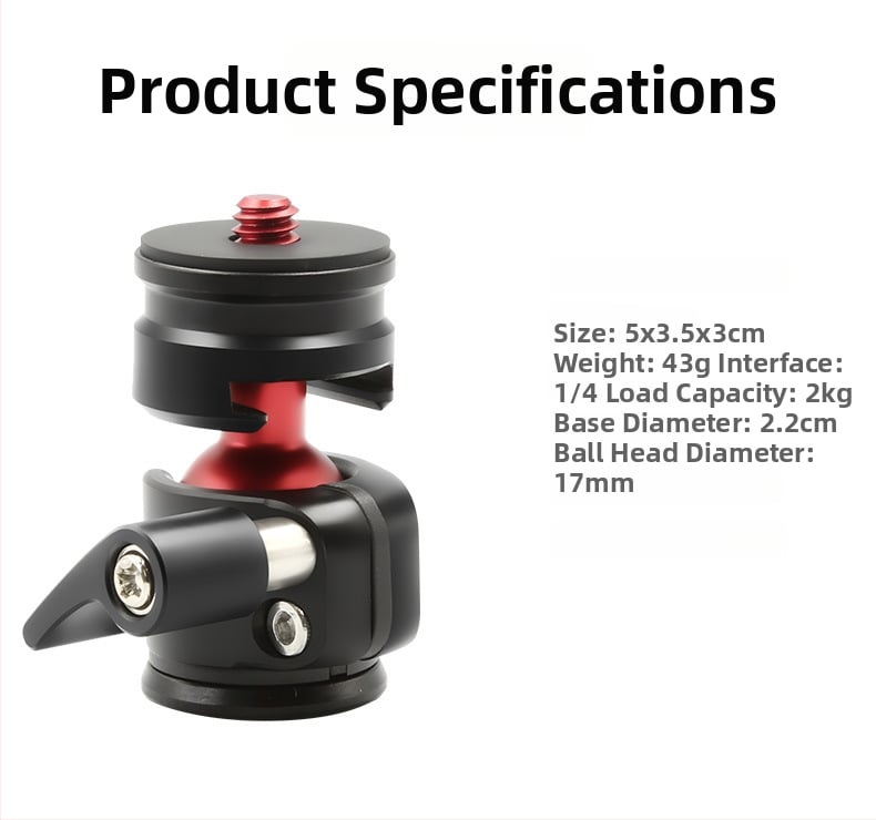 Mini rutulio galva trikojui iš aliuminio lydinio, 360° horizontali sukimas ir 90° vertikalus pakreipimas, 1/4-inch sriegis, svoris 34 g