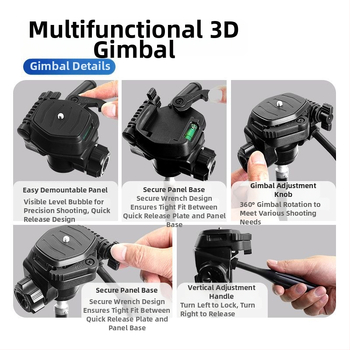 Telefono laikiklis su 3D gimbalu ir greito atpalaidavimo plokštele – Panoraminis stabilizatorius universaliajam tripodui, montavimas 1/4" arba 6 mm, plastinis korpusas, 180° horizontalus / 90° vertikalus pasukimas, 360° pasukimas, svoris 270 g