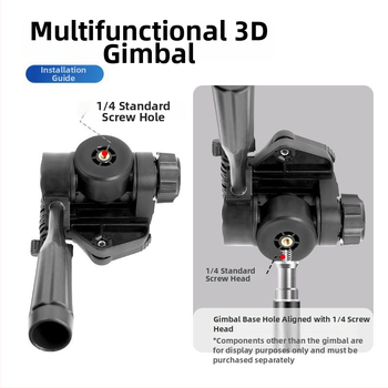 Telefono laikiklis su 3D gimbalu ir greito atpalaidavimo plokštele – Panoraminis stabilizatorius universaliajam tripodui, montavimas 1/4" arba 6 mm, plastinis korpusas, 180° horizontalus / 90° vertikalus pasukimas, 360° pasukimas, svoris 270 g