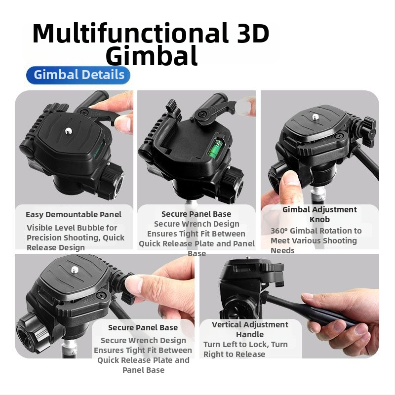 Telefona turētājs ar 3D gimbalu un ātras atbrīvošanas plāksni – Panorāmais stabilizators universālajam statīvam, uzstādīšana 1/4" vai 6 mm, plastmasas korpuss, 180° horizontāls / 90° vertikāls pagrieziens, 360° pagrieziens, svars 270 g
