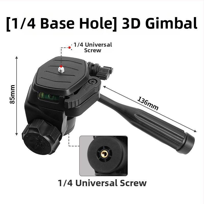 Telefono laikiklis su 3D gimbalu ir greito atpalaidavimo plokštele – Panoraminis stabilizatorius universaliajam tripodui, montavimas 1/4" arba 6 mm, plastinis korpusas, 180° horizontalus / 90° vertikalus pasukimas, 360° pasukimas, svoris 270 g