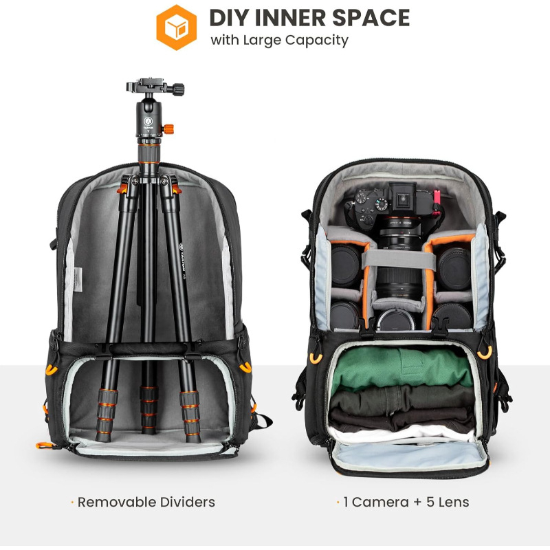 Rucsac pentru cameră din nylon, impermeabil, capacitate mare, pentru DSLR și mirrorless, cu curea de umăr curbată