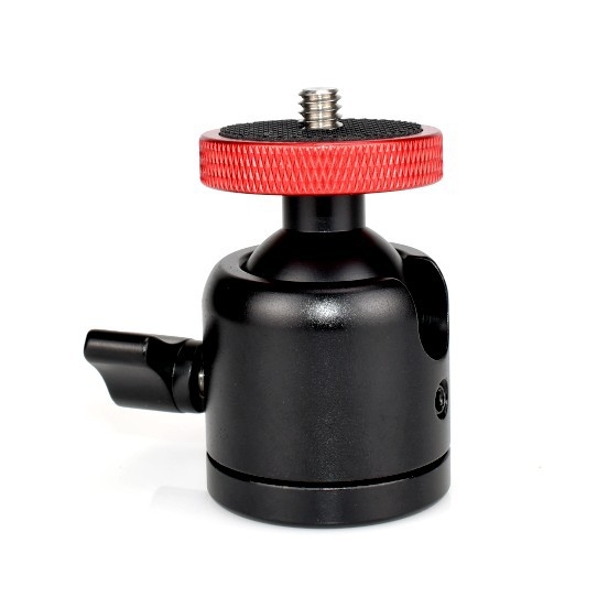 CRWJ mini gimbal stovas DSLR/Mirrorless kameroms ir projektoriui – tvirtinimas 1/4-20 arba 3/8-20, aliuminio lydinys + nerūdijantis plienas, horizontali 360°, vertikali 90°, svoris 100 g