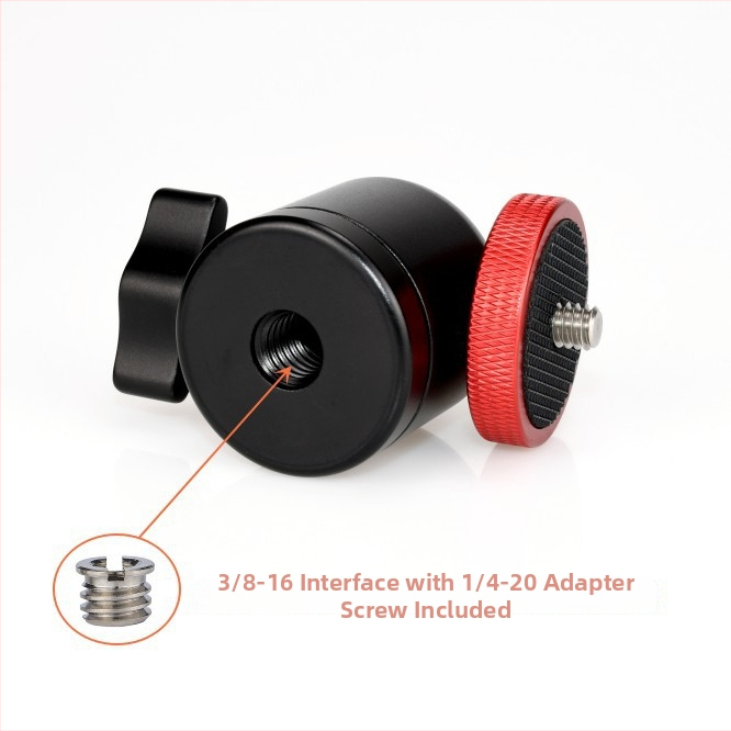 CRWJ Mini gimbal statīvs DSLR/mirrorless kamerai un projektoram – vītnes 1/4-20 vai 3/8-20, alumīnija sakausējums + nerūsējošais tērauds, horizontāla 360°, vertikāla 90°, svars 100 g