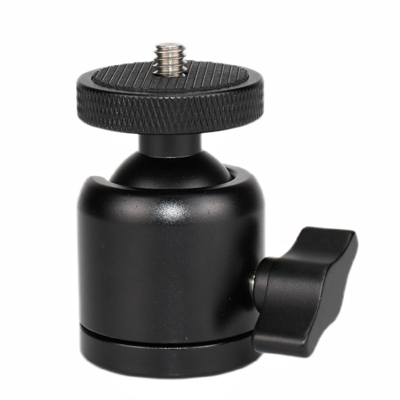 CRWJ mini gimbal stovas DSLR/Mirrorless kameroms ir projektoriui – tvirtinimas 1/4-20 arba 3/8-20, aliuminio lydinys + nerūdijantis plienas, horizontali 360°, vertikali 90°, svoris 100 g