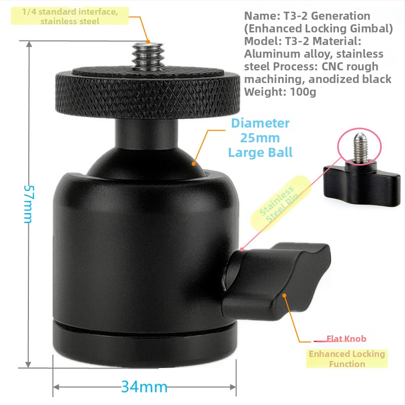CRWJ Mini gimbal statīvs DSLR/mirrorless kamerai un projektoram – vītnes 1/4-20 vai 3/8-20, alumīnija sakausējums + nerūsējošais tērauds, horizontāla 360°, vertikāla 90°, svars 100 g
