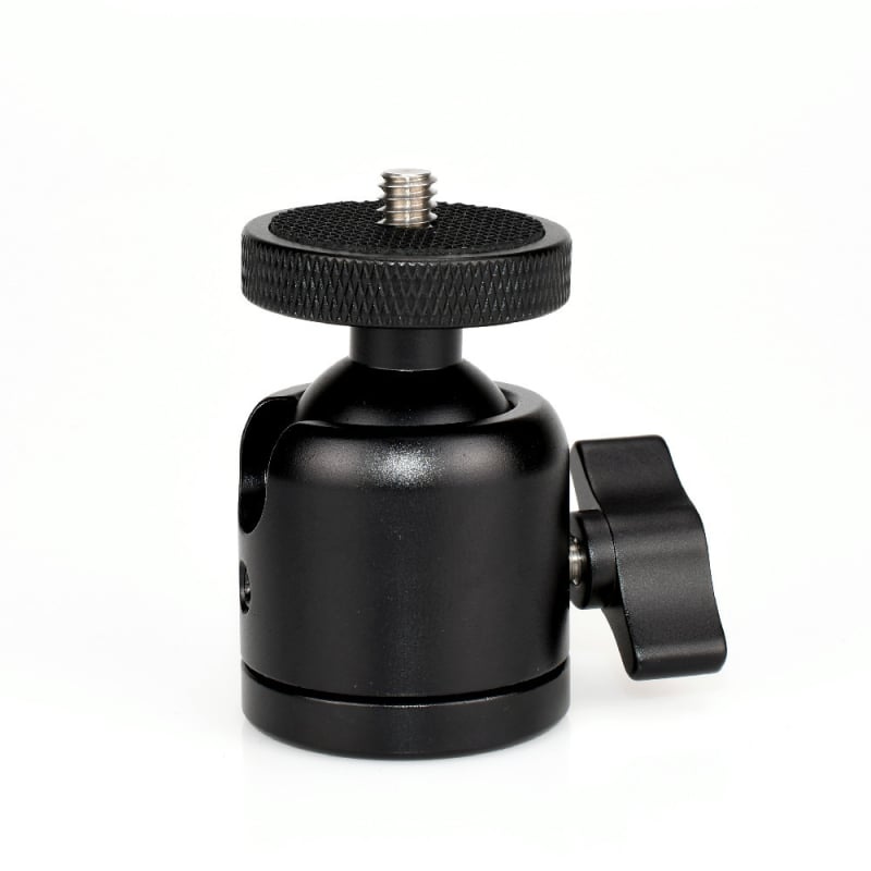 CRWJ mini gimbal stovas DSLR/Mirrorless kameroms ir projektoriui – tvirtinimas 1/4-20 arba 3/8-20, aliuminio lydinys + nerūdijantis plienas, horizontali 360°, vertikali 90°, svoris 100 g