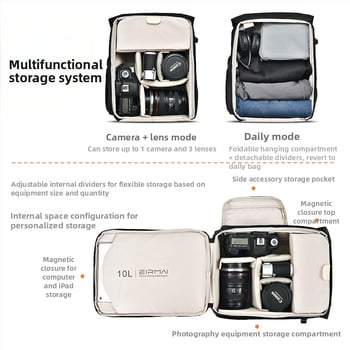 Fényképezőgép hátizsák 10L, könnyű, univerzális utazáshoz, permetálló anyag beépített esővédővel; 1 fényképezőgép, 2 tükör, 1 akciókamera, 1 vaku; poliészter