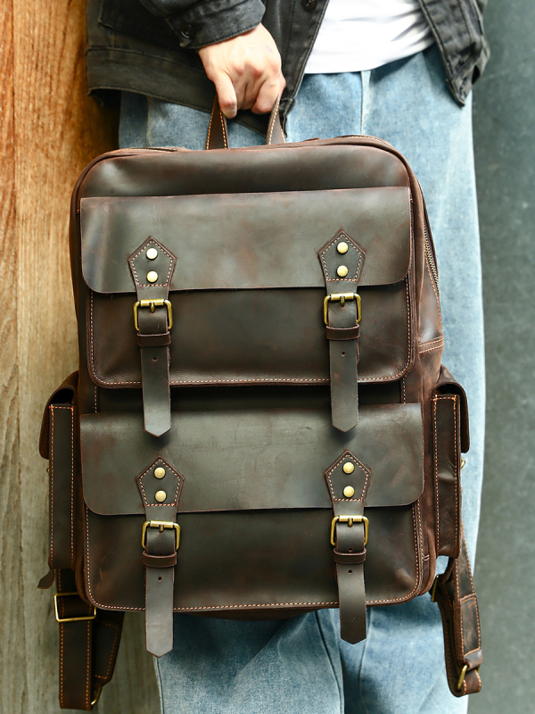 Muški kožni ruksak, Vintage Crazy Horse, vrhunska kravlja koža, 20–35L, 16-inčni prijenosnik, otporan na habanje, zakrivljene naramenice