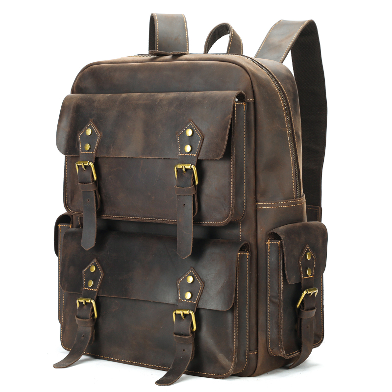 Muški kožni ruksak, Vintage Crazy Horse, vrhunska kravlja koža, 20–35L, 16-inčni prijenosnik, otporan na habanje, zakrivljene naramenice