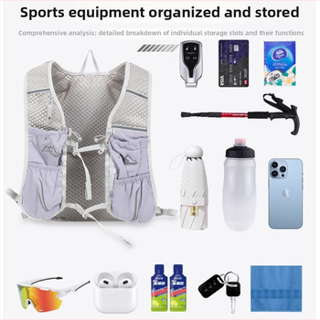 Rucsac sportiv tip vest: ușor și respirabil; exterior din nailon, căptușeală poliester; bretele curbate; design cu mai multe buzunare; unisex, pentru alergare și ciclism