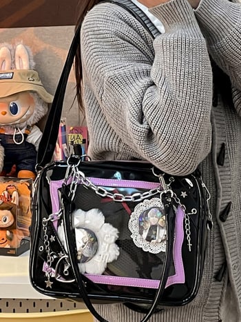 Ženska torbica preko ramena s lancem, gotički street style, prozirna, srednje veličine, PU koža
