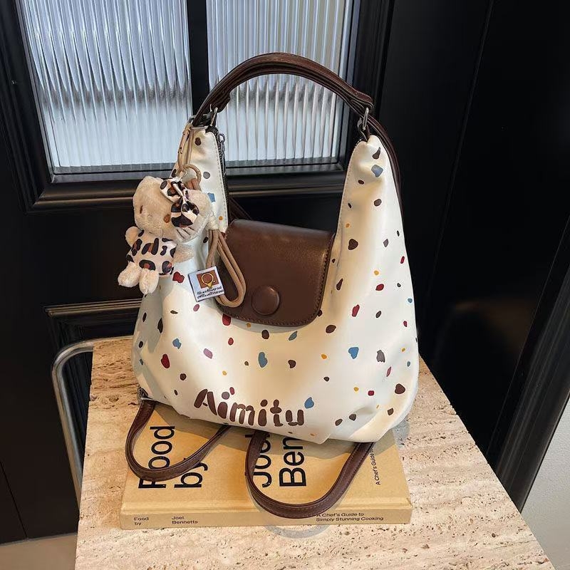Ženska Tote torba - točkasti retro stil, velika kapaciteta, zatvarač, PU podstava, ovalni oblik, jedna naramenica