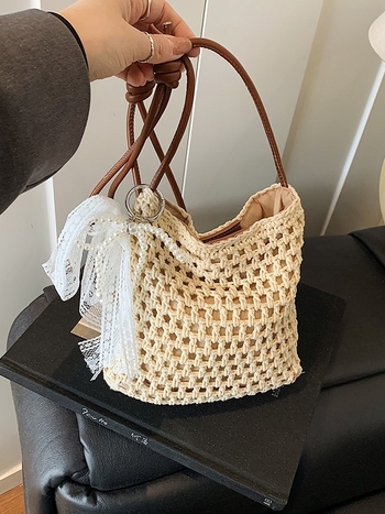 Ženska pletena torbica od pamuka, ljeto 2025 – torba za jedno rame, crossbody bucket stil s izrezima