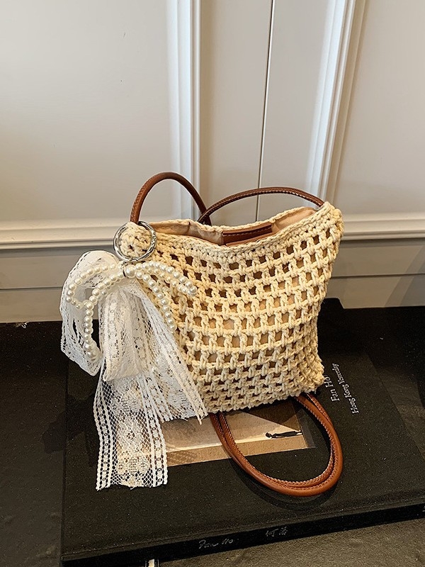 Ženska pletena torbica od pamuka, ljeto 2025 – torba za jedno rame, crossbody bucket stil s izrezima