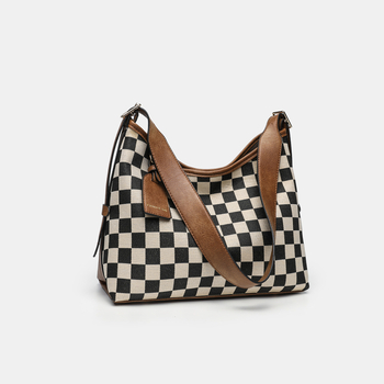 Checkerboard tote torba, velika kapaciteta, magnetsko zatvaranje, PU s platnom, poliester podstava, vodoravni kvadratni oblik, jedna naramenica, unutarnji džep s zipom i džep za telefon.