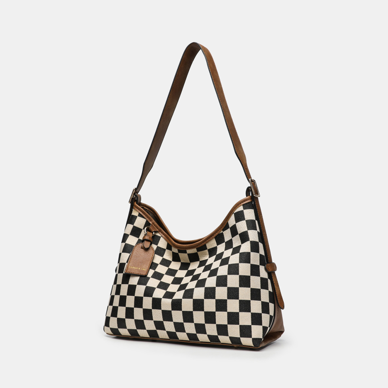 Checkerboard tote torba, velika kapaciteta, magnetsko zatvaranje, PU s platnom, poliester podstava, vodoravni kvadratni oblik, jedna naramenica, unutarnji džep s zipom i džep za telefon.