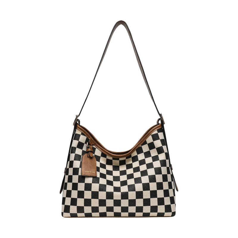 Checkerboard tote torba, velika kapaciteta, magnetsko zatvaranje, PU s platnom, poliester podstava, vodoravni kvadratni oblik, jedna naramenica, unutarnji džep s zipom i džep za telefon.