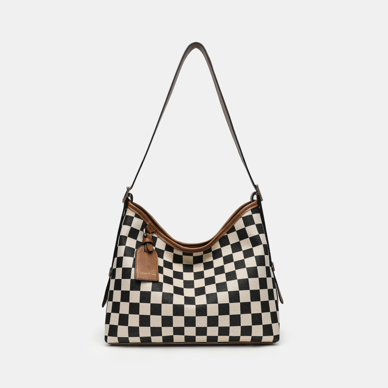 Checkerboard tote torba, velika kapaciteta, magnetsko zatvaranje, PU s platnom, poliester podstava, vodoravni kvadratni oblik, jedna naramenica, unutarnji džep s zipom i džep za telefon.